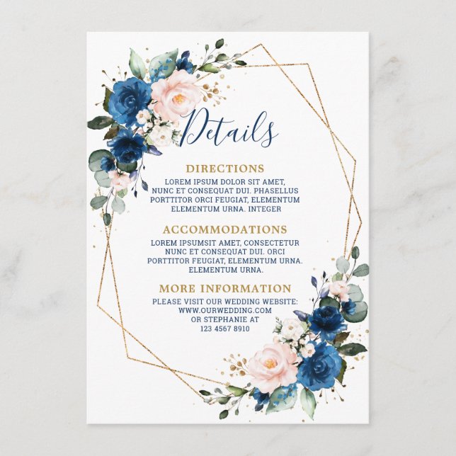 Romantic Navy Blue Blush Floral Geometric Wedding Enclosure Card (Front)