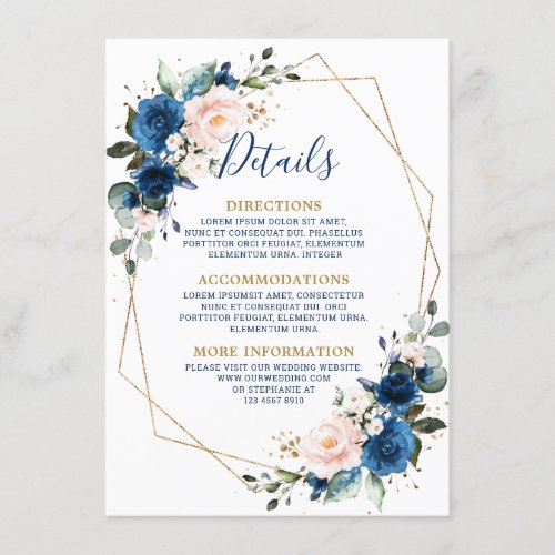 Romantic Navy Blue Blush Floral Geometric Wedding Enclosure Card