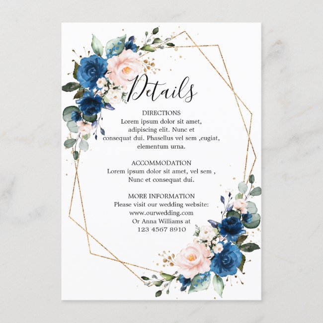 Romantic Navy Blue Blush Floral Geometric Wedding Enclosure Card