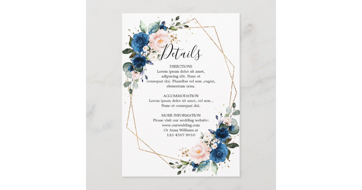 Romantic Navy Blue Blush Floral Geometric Wedding Enclosure Card | Zazzle