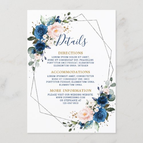 Romantic Navy Blue Blush Floral Geometric Wedding  Enclosure Card