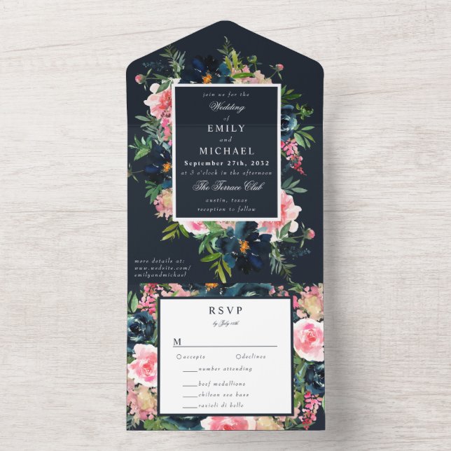 Romantic Navy Blue Blush Pink Floral All In One Invitation (Inside)