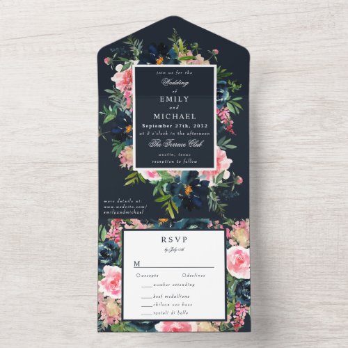 Romantic Navy Blue Blush Pink Floral All In One Invitation