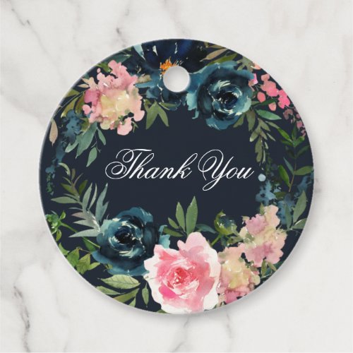 Romantic Navy Blue Blush Pink Floral Classic Round Favor Tags
