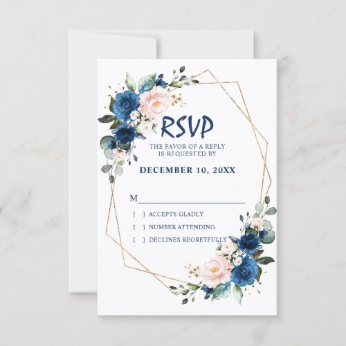 Romantic Navy blue Blush Pink Floral Geometric RSVP Card