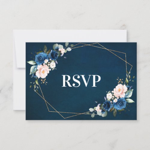 Romantic Navy blue Blush Pink Floral Geometric RSVP Card