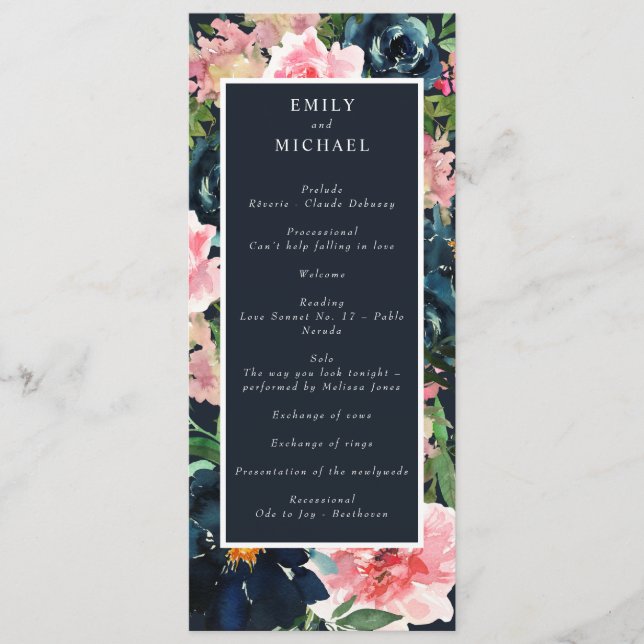 Romantic Navy Blue Blush Pink Floral Program (Front)