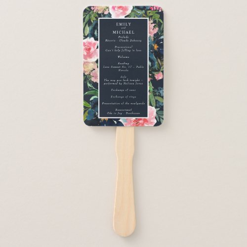 Romantic Navy Blue Blush Pink Floral Program Hand Fan