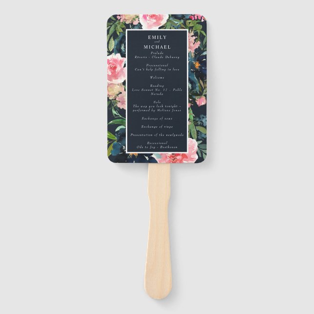 Romantic Navy Blue Blush Pink Floral Program Hand Fan (Front)