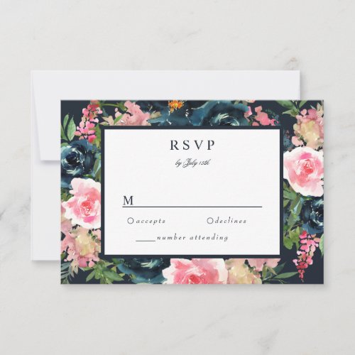 Romantic Navy Blue Blush Pink Floral RSVP Card