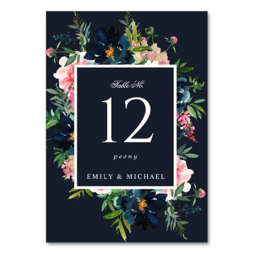 Romantic Navy Blue Blush Pink Floral Table Number