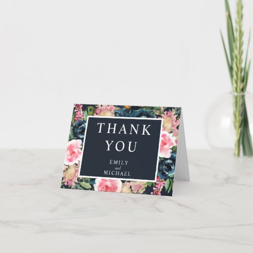 Romantic Navy Blue Blush Pink Floral Thank You Card