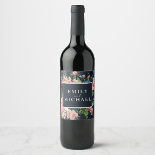 Romantic Navy Blue Blush Pink Floral Wine Label