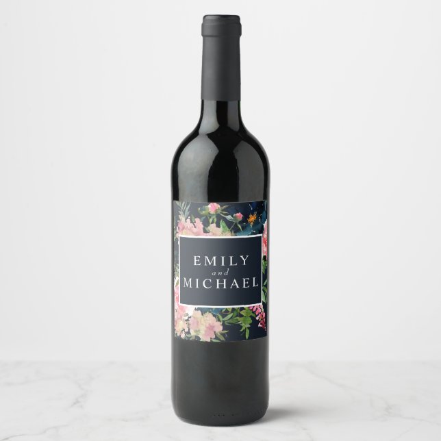 Romantic Navy Blue Blush Pink Floral Wine Label (Front)
