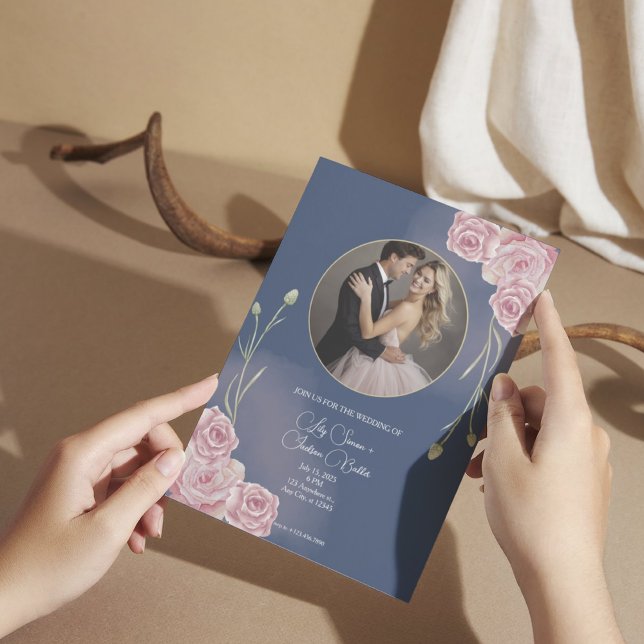 Romantic Navy Blue & Blush Pink Wedding Invitation (Creator Uploaded)