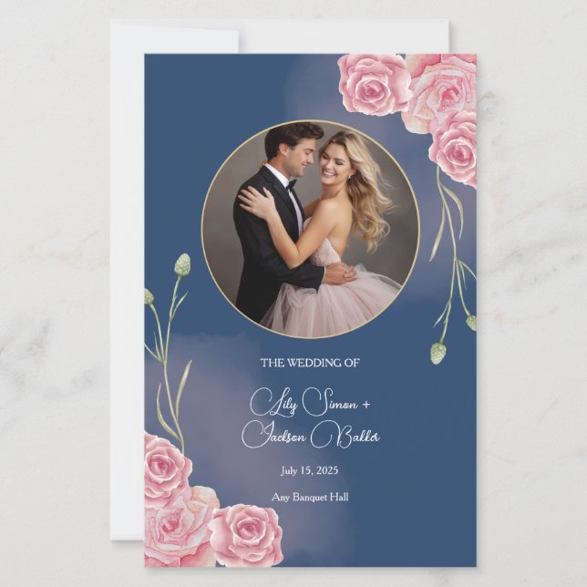 Romantic Navy Blue & Blush Pink Wedding Menu (Front)