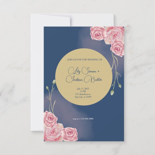 Romantic Navy Blue & Blush Pink Wedding RSVP Card (Front)