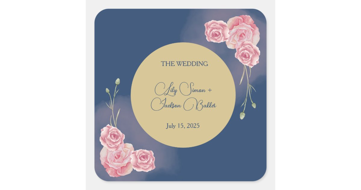 Romantic Navy Blue & Blush Pink Wedding Square Sticker | Zazzle
