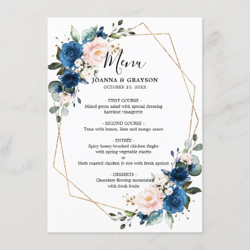 Romantic Navy Blue Blush Rose Floral Geometric Menu