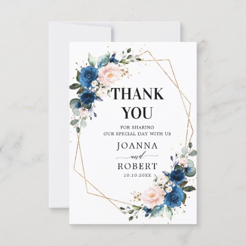 Romantic Navy Blue Blush Rose Floral Geometric Thank You Card