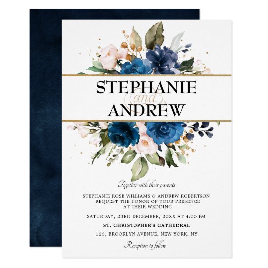 Romantic Navy Blue Blush Rose Floral Wedding Invitation | Zazzle.com