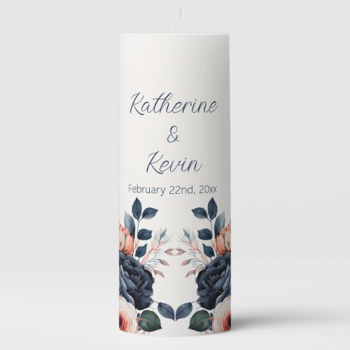 Romantic Navy Blue Dusty Rose Floral Wedding Pillar Candle