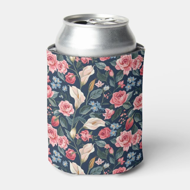 Romantic Navy Blue Floral Garden Pattern Can Cooler (Can Front)
