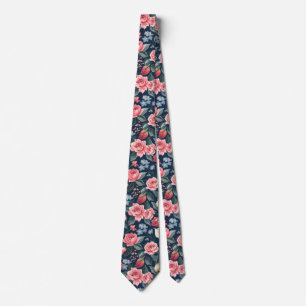 Romantic Navy Blue Floral Garden Pattern Neck Tie
