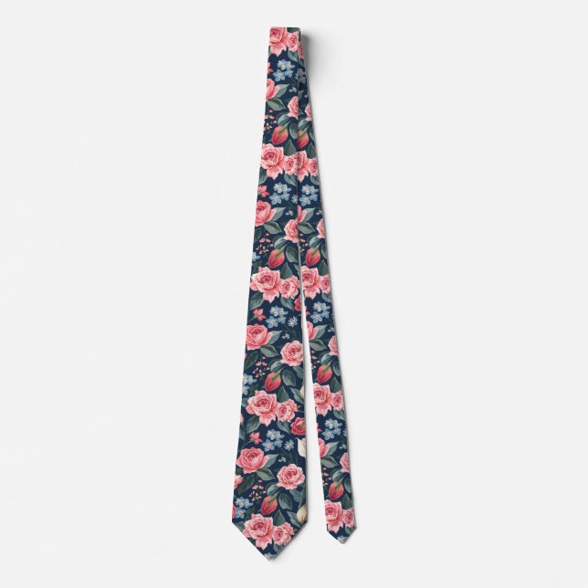 Romantic Navy Blue Floral Garden Pattern Neck Tie (Front)
