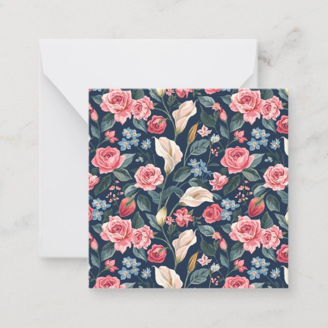 Romantic Navy Blue Floral Garden Pattern Note Card (Front)