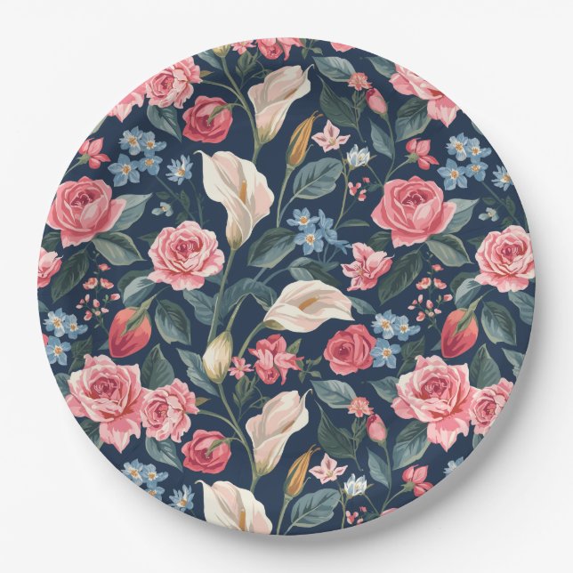 Romantic Navy Blue Floral Garden Pattern Paper Plates (Front)