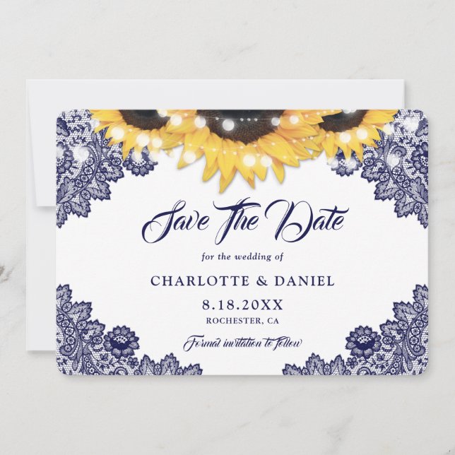 Romantic Navy Blue Floral Lace Sunflower Wedding Save The Date (Front)