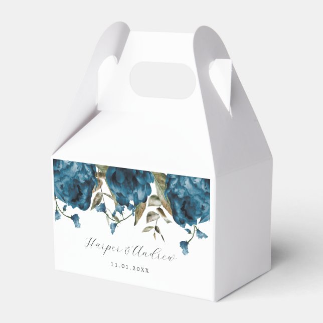 Romantic Navy Blue Floral Wedding Favor Boxes (Front Side)