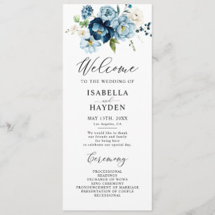 Romantic Navy Blue Floral Wedding Flat Program