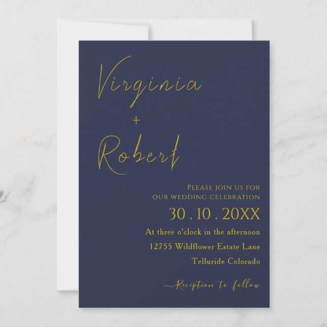 Romantic Navy Blue | Minimalist Script Wedding Invitation (Front)
