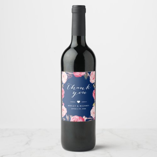 Romantic Navy Blue Pink Rose Floral Thank You Wine Label