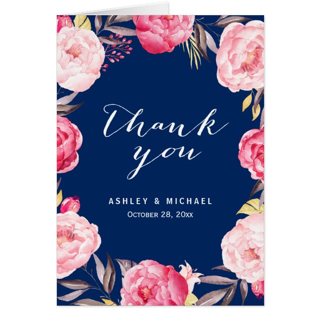 Romantic Navy Blue Pink Rose Flowers Thank You Card