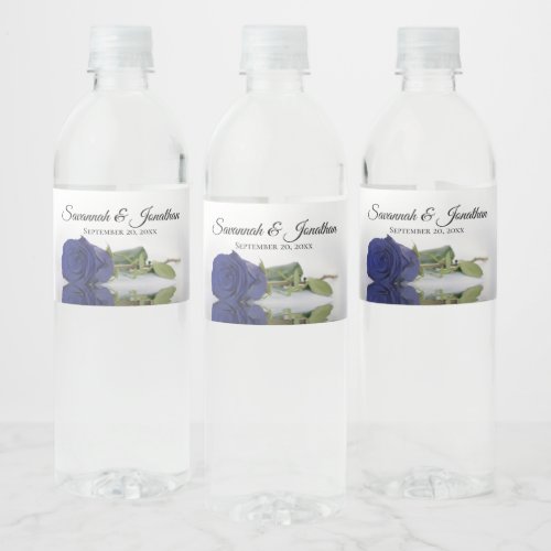 Romantic Navy Blue Rose Elegant Wedding Water Bottle Label