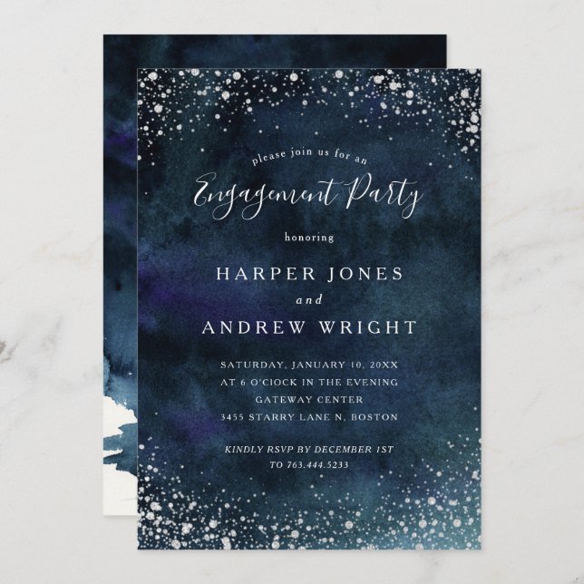 Romantic Navy Blue Silver Engagement Party Invitation (Front/Back)