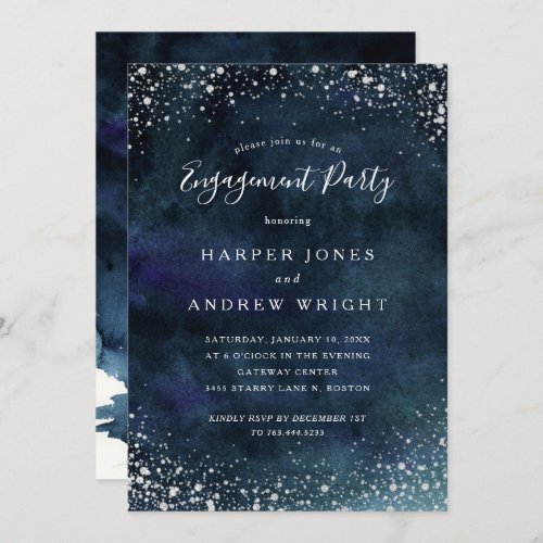 Romantic Navy Blue Silver Engagement Party Invitation