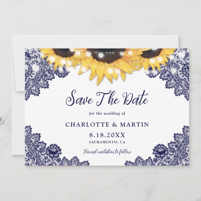 Romantic Navy Blue Sunflower Wedding Save The Date (Front)