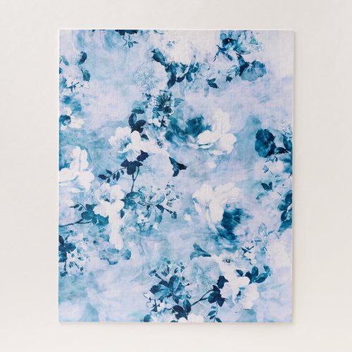 Romantic navy blue Watercolor Chic Floral Pattern Jigsaw Puzzle