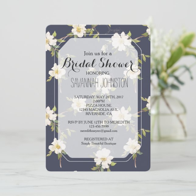Romantic Navy Blue White Floral Bridal shower Invitation (Standing Front)