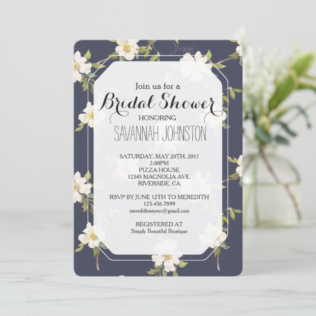 Romantic Navy Blue White Floral Bridal shower Invitation (Standing Front)