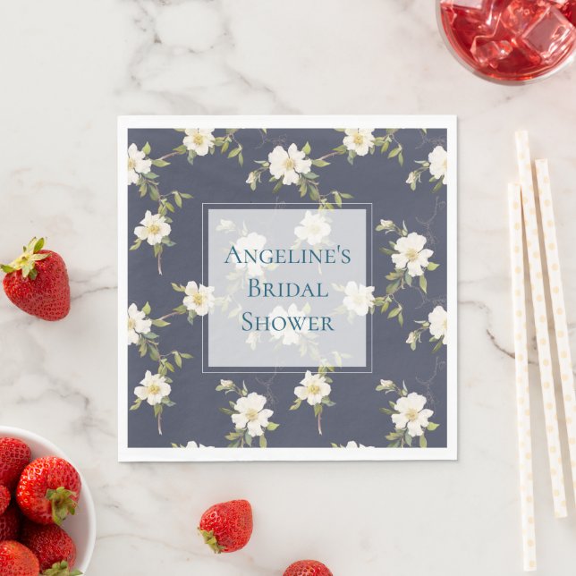 Romantic Navy Blue White Floral Bridal Shower Napkins (Insitu)