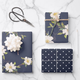Romantic Navy Blue White Floral Bridal Shower Wrapping Paper Sheets