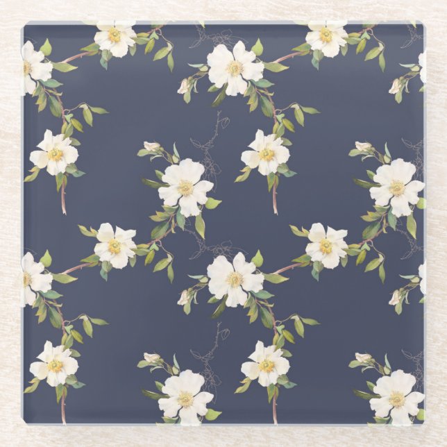Romantic Navy Blue White Floral Wedding Glass Coaster (Front)