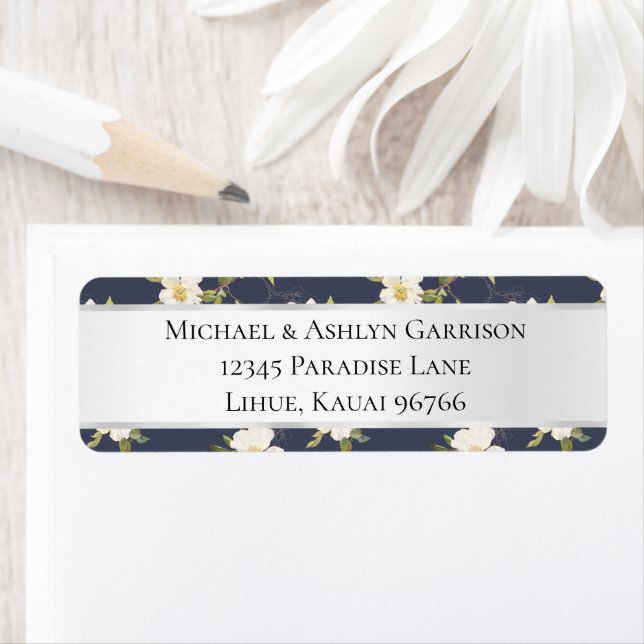 Romantic Navy Blue White Floral Wedding Label (Insitu)