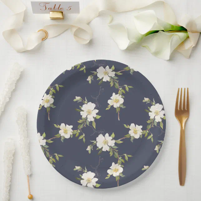 Romantic Navy Blue White Floral Wedding Paper Plates | Zazzle