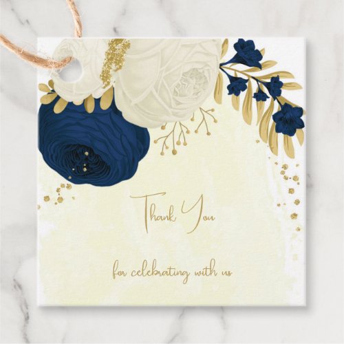 Romantic navy blue  white flowers gold favor tags